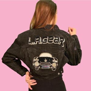LA Gear Vintage 1980s Cropped Black Denim Jean Jacket Classic Car Sequins Size S